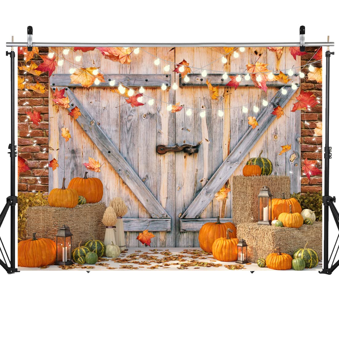 SJOLOON Autumn Backdrop Fall Pumpkin Harvest Photo Backdrop Thanksgiving Day Backdrop Barn Door Maple Leaf Backdrops for Photography Studio props12457 (7x5FT