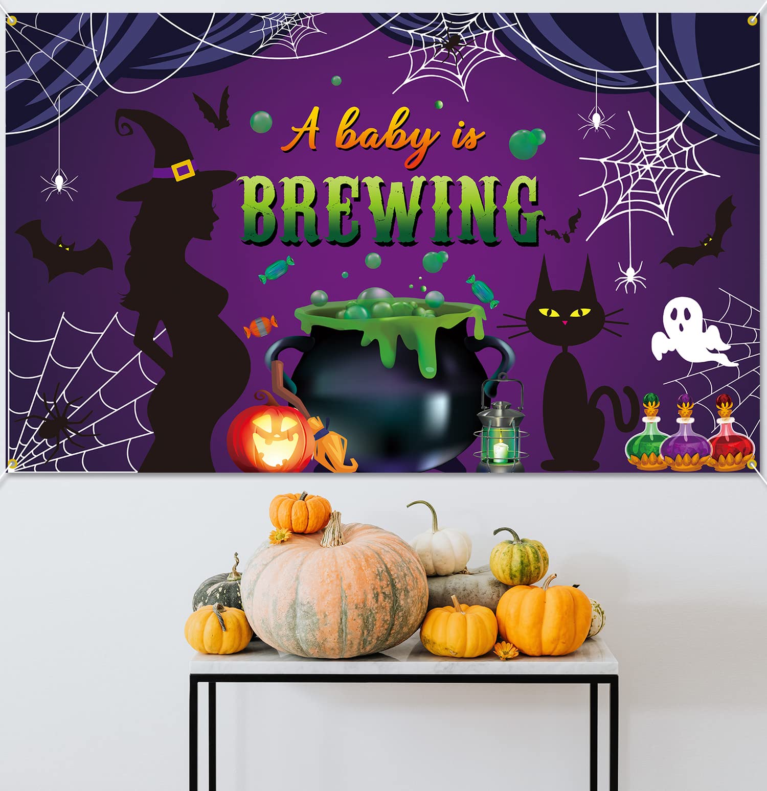 PTFNY Halloween A Baby is Brewing Backdrop Banner Halloween Baby Shower Decorations for Baby Shower Costume Birthday Party Supplies Decorations Banner Photo Booth Props Gender Reveal Party Supplies