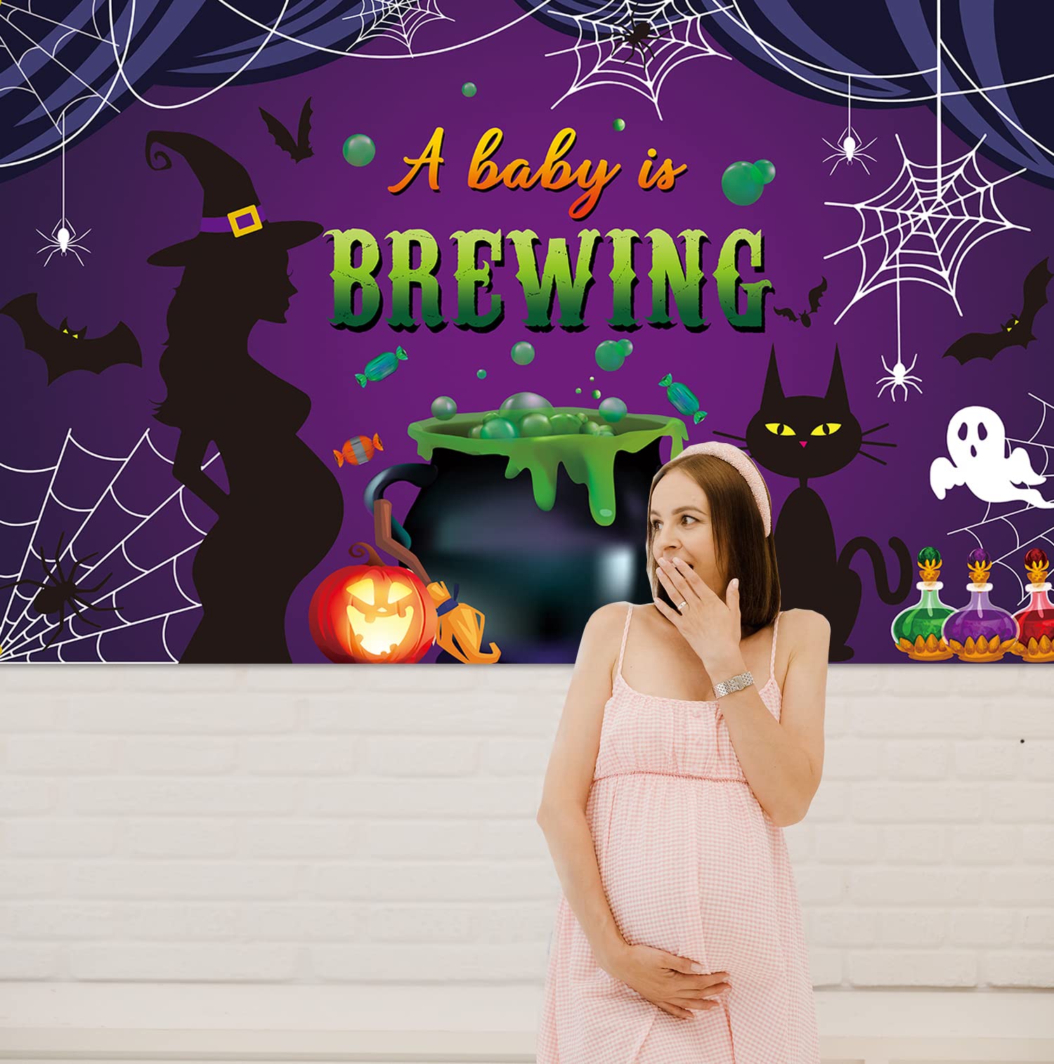 PTFNY Halloween A Baby is Brewing Backdrop Banner Halloween Baby Shower Decorations for Baby Shower Costume Birthday Party Supplies Decorations Banner Photo Booth Props Gender Reveal Party Supplies