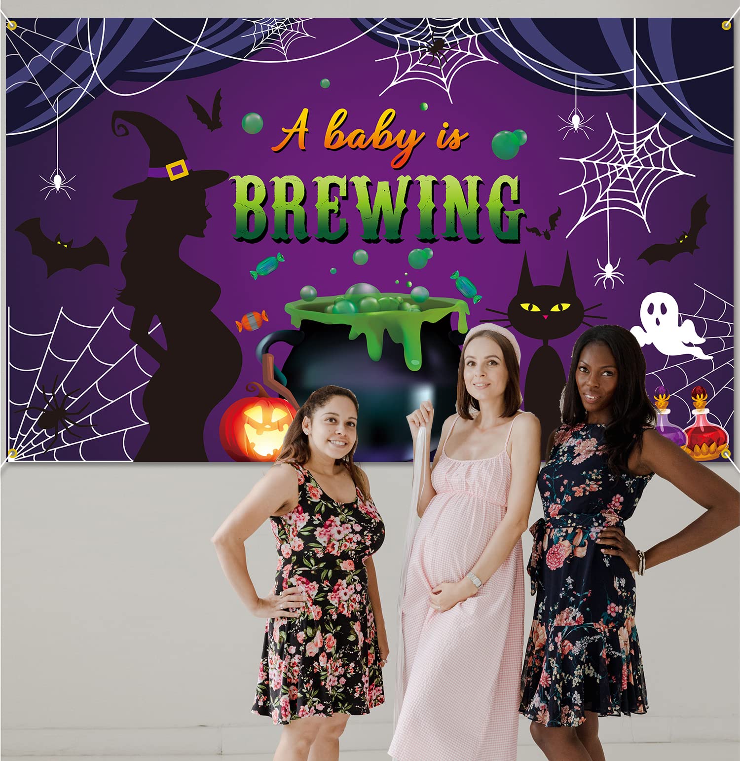 PTFNY Halloween A Baby is Brewing Backdrop Banner Halloween Baby Shower Decorations for Baby Shower Costume Birthday Party Supplies Decorations Banner Photo Booth Props Gender Reveal Party Supplies