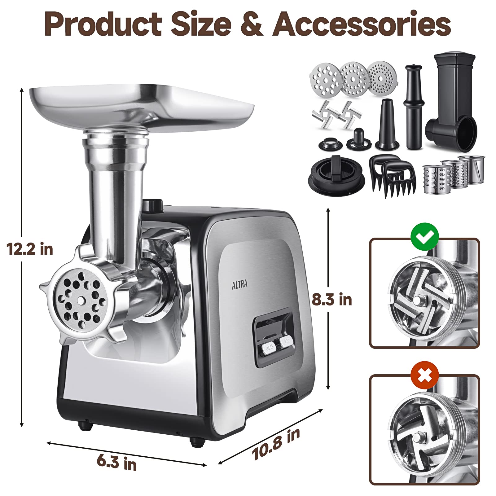 ALTRA LIFE Meat Grinder, Sausage Stuffer, [2800W Max] Electric Meat Mincer with Stainless Steel Blades & 3 Grinding Plates,Sausage Maker & Kubbe Kit for Home Kitchen & Commercial Using (MG090-M)