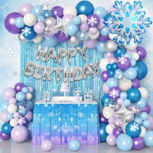 116pcs froozen balloon garland arch kit, snowflake blue purple confetti balloons fringe curtain for winter wonderland christmas baby shower snow princess froozen birthday party supplies decorations