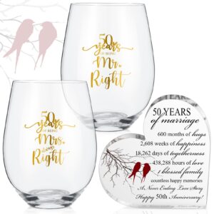 3 pcs 50th marriage gifts set happy anniversary wine glass wedding anniversary crystal heart marriage keepsake couples gifts for mom dad husband wife 50th wedding birthday anniversary party supplies