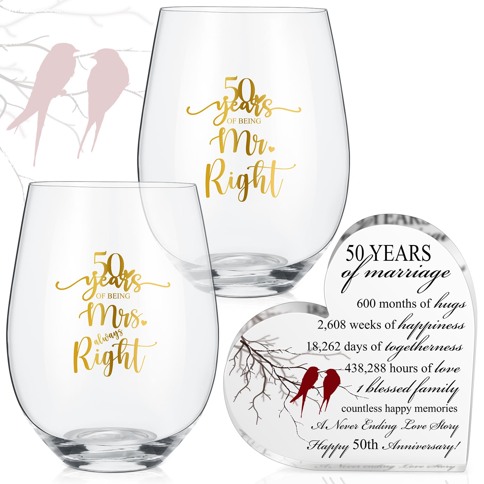 3 Pcs 50th Marriage Gifts Set Happy Anniversary Wine Glass Wedding Anniversary Crystal Heart Marriage Keepsake Couples Gifts for Mom Dad Husband Wife 50th Wedding Birthday Anniversary Party Supplies