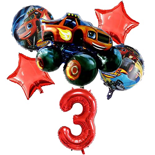 ALLPICK Blaze and the Monster Machine 3rd Birthday Decorations Red Number 3 Balloons 32 Inch Monster Truck Balloon Bouquet Set Party for Kids 3rd Birthday Party (3rd Birthday Decorations)