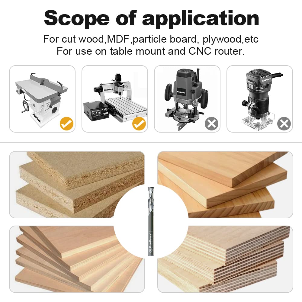 FivePears Up Cut Spiral Router Bit for CNC, 1/4 inch Cutting Diameter and 1 inch Cutting Length 1/4 inch Shank Carbide End Mill Router Bit for Wood Carving Engraving Grinding Grooving