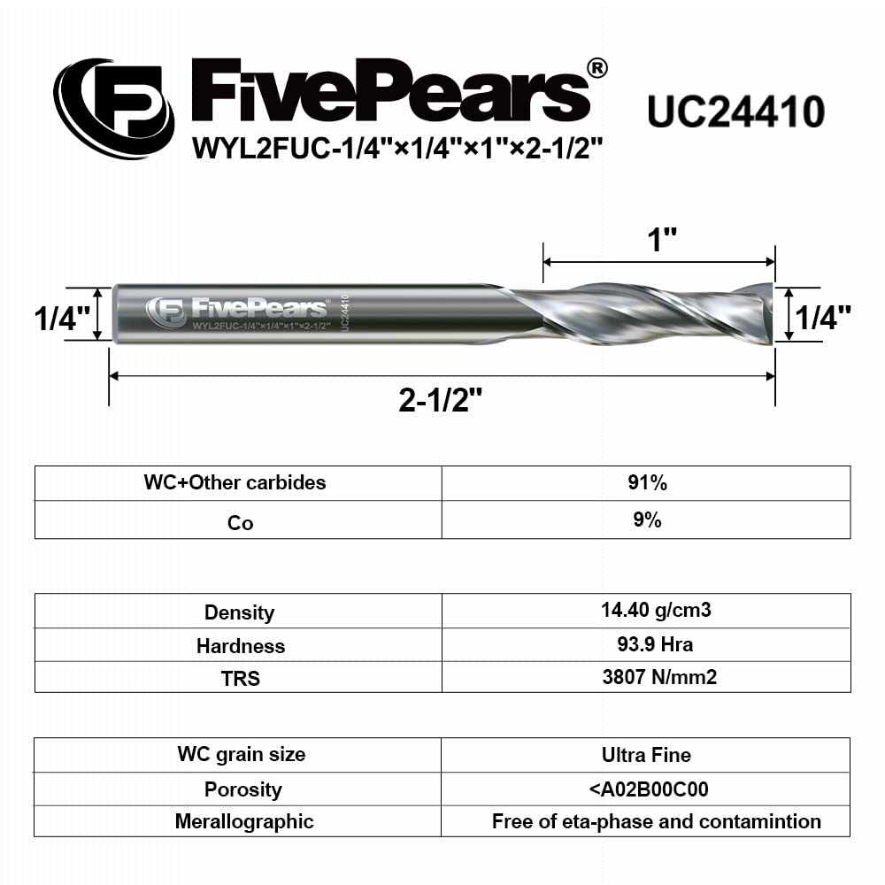 FivePears Up Cut Spiral Router Bit for CNC, 1/4 inch Cutting Diameter and 1 inch Cutting Length 1/4 inch Shank Carbide End Mill Router Bit for Wood Carving Engraving Grinding Grooving