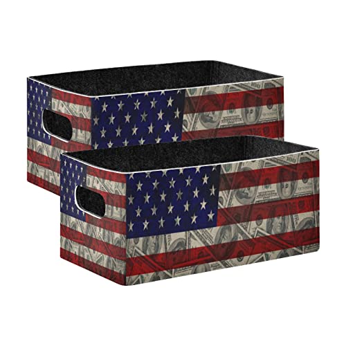 Kcldeci American Flag and Dollars Storage Baskets for Shelves Storage Bins Storage Boxes Decorative for Living Room Office Bedroom Clothes Toys 2-Pack