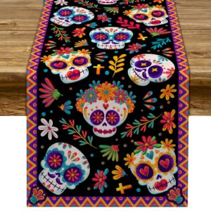 pudodo day of the dead table runner sugar skull dia de los muertos mexican festival holiday kitchen dining room home decoration (13" x 72")