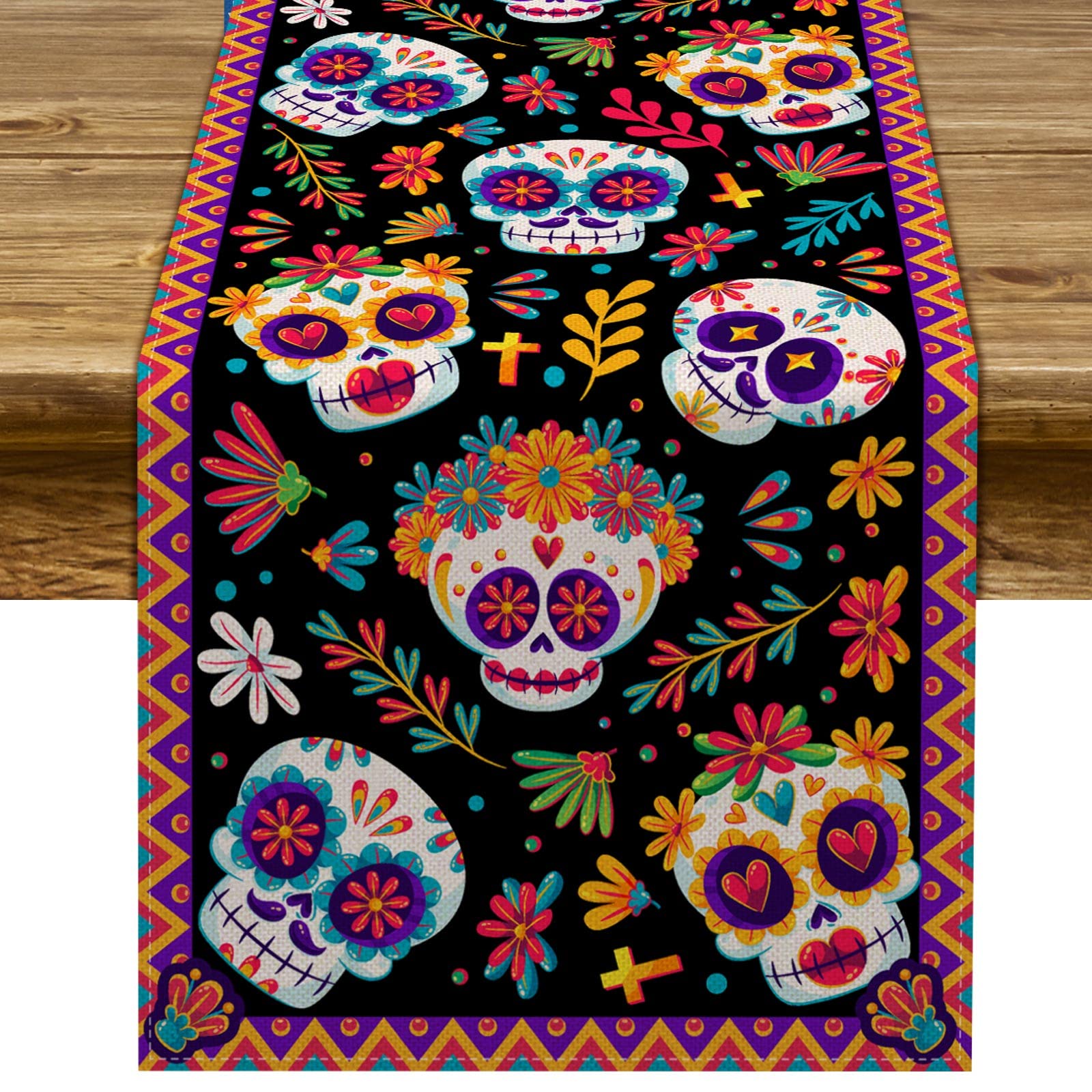 Pudodo Day of The Dead Table Runner Sugar Skull Dia De Los Muertos Mexican Festival Holiday Kitchen Dining Room Home Decoration (13" x 72")