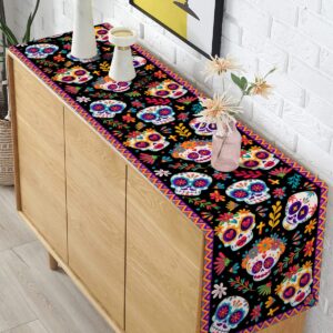 Pudodo Day of The Dead Table Runner Sugar Skull Dia De Los Muertos Mexican Festival Holiday Kitchen Dining Room Home Decoration (13" x 72")