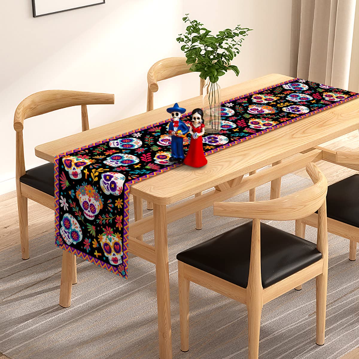 Pudodo Day of The Dead Table Runner Sugar Skull Dia De Los Muertos Mexican Festival Holiday Kitchen Dining Room Home Decoration (13" x 72")