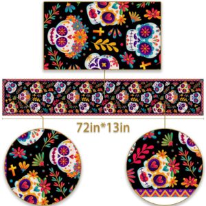 Pudodo Day of The Dead Table Runner Sugar Skull Dia De Los Muertos Mexican Festival Holiday Kitchen Dining Room Home Decoration (13" x 72")