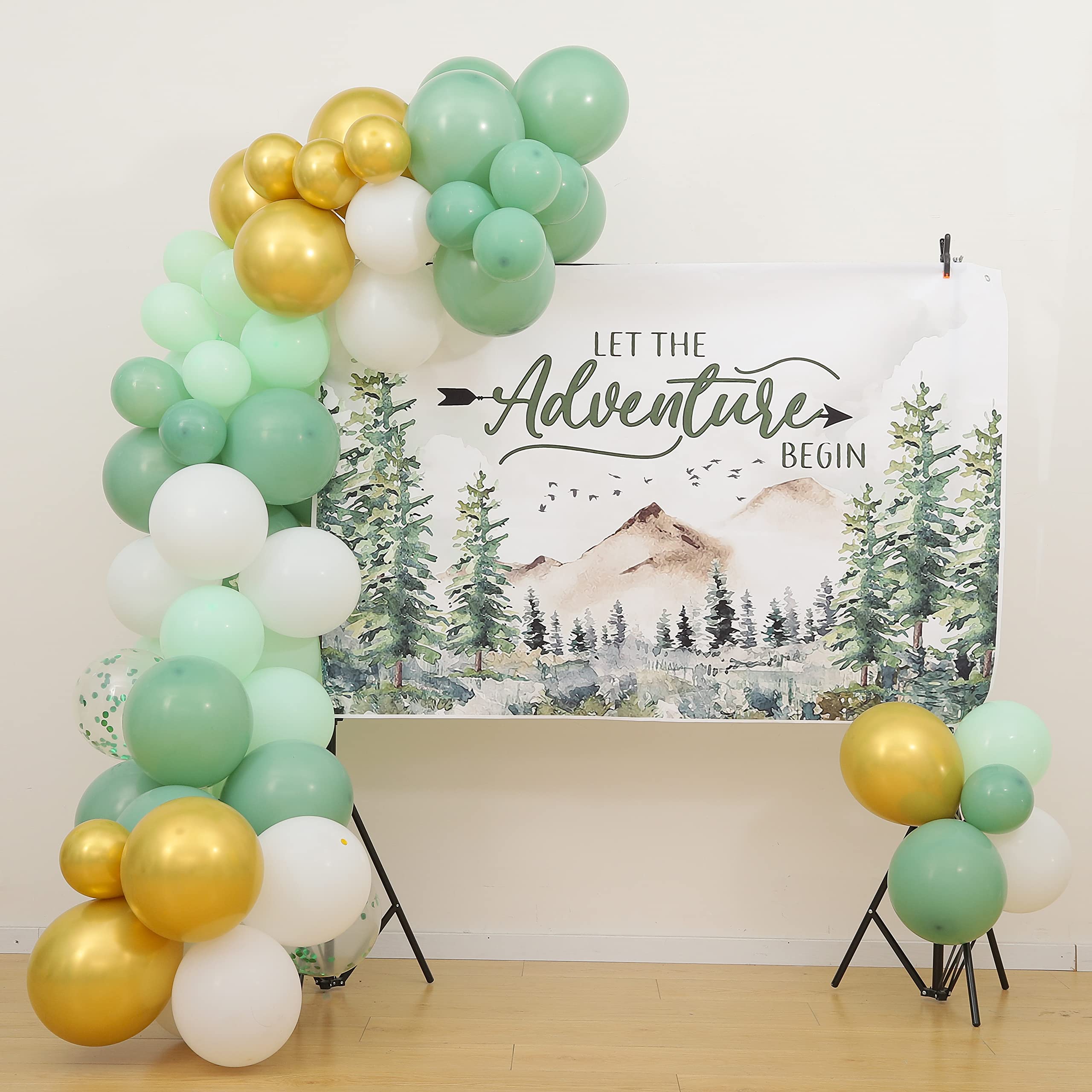 Adventure Baby Shower Decorations Set Adventure Party Decorations Let The Adventure Begin Backdrop,Sage Green Balloon Garland for Travel Themed Party,Greenery Rustic Mountain Forest Woodland Party