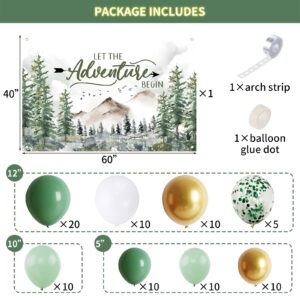 Adventure Baby Shower Decorations Set Adventure Party Decorations Let The Adventure Begin Backdrop,Sage Green Balloon Garland for Travel Themed Party,Greenery Rustic Mountain Forest Woodland Party