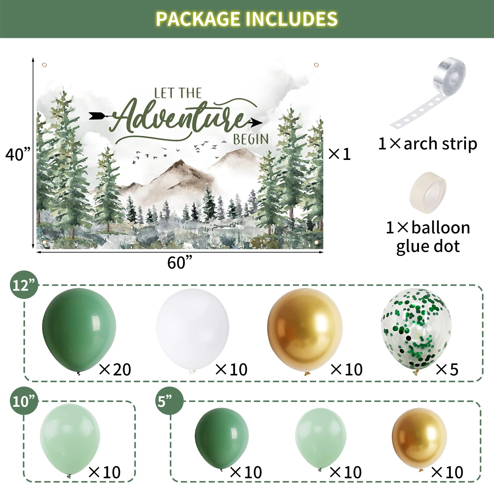 Adventure Baby Shower Decorations Set Adventure Party Decorations Let The Adventure Begin Backdrop,Sage Green Balloon Garland for Travel Themed Party,Greenery Rustic Mountain Forest Woodland Party