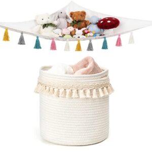 Mkono Stuffed Animal Toy Hammock and Macrame Decoractive Basket for Baby Nursery Decor Hanging Organizer Storage Set