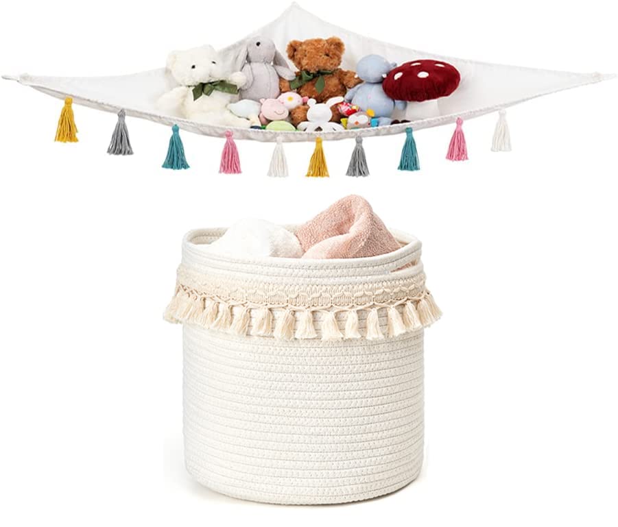 Mkono Stuffed Animal Toy Hammock and Macrame Decoractive Basket for Baby Nursery Decor Hanging Organizer Storage Set