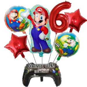 Mario Brothers Foil Balloons Mario Birthday Party Supplies 6th Mario Party Decorations for Kids Birthday (Mario 6th Birthday)