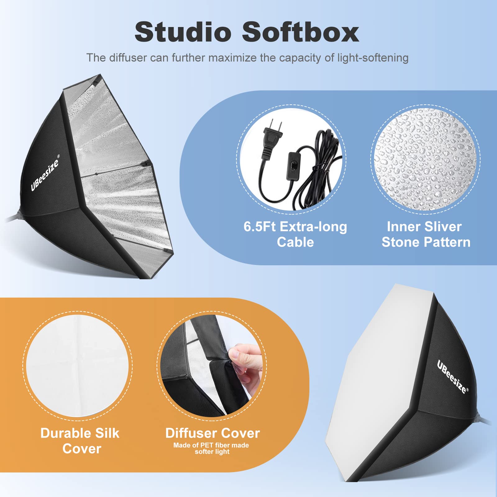 UBeesize Softbox Photography Lighting Kit, 30"X30" Professional Softbox Lighting Kit with 2pcs 40W E26 Socket 8000K Bulbs, Continuous Lighting Kit for Portraits Advertising Shooting, Video Recording