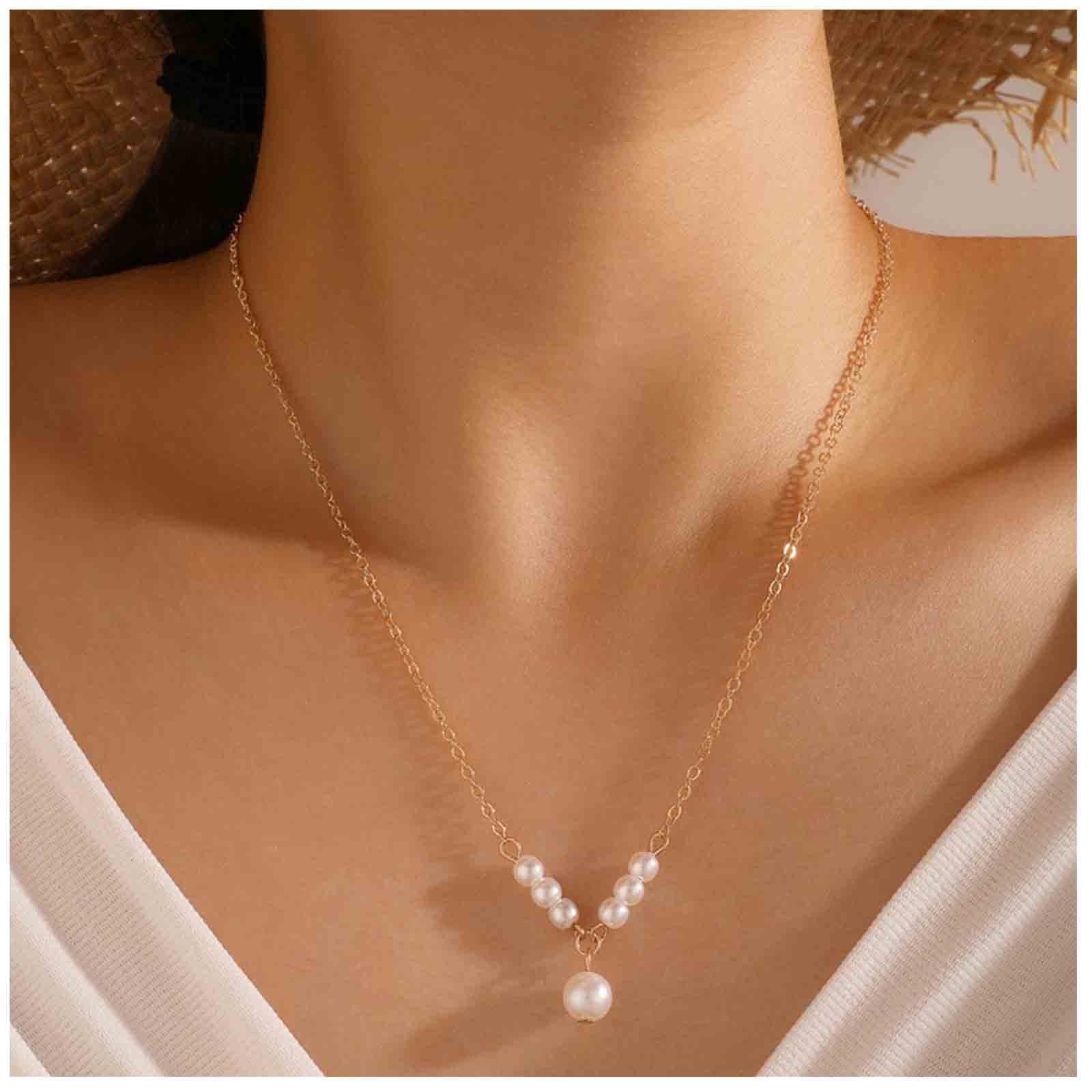 Yheakne Vintage Pearl Pendant Necklace Gold Pearl Beads Necklace Freshwater Cultured Pearl Chain Necklace Pearl Bar Necklace Chain Jewelry for Women and Girls