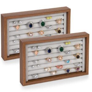 elsjoy 2 pack ring organizer tray, 9 x 6 wooden ring holder display case ring organizer box, ring storage tray velvet jewelry tray for rings, earrings