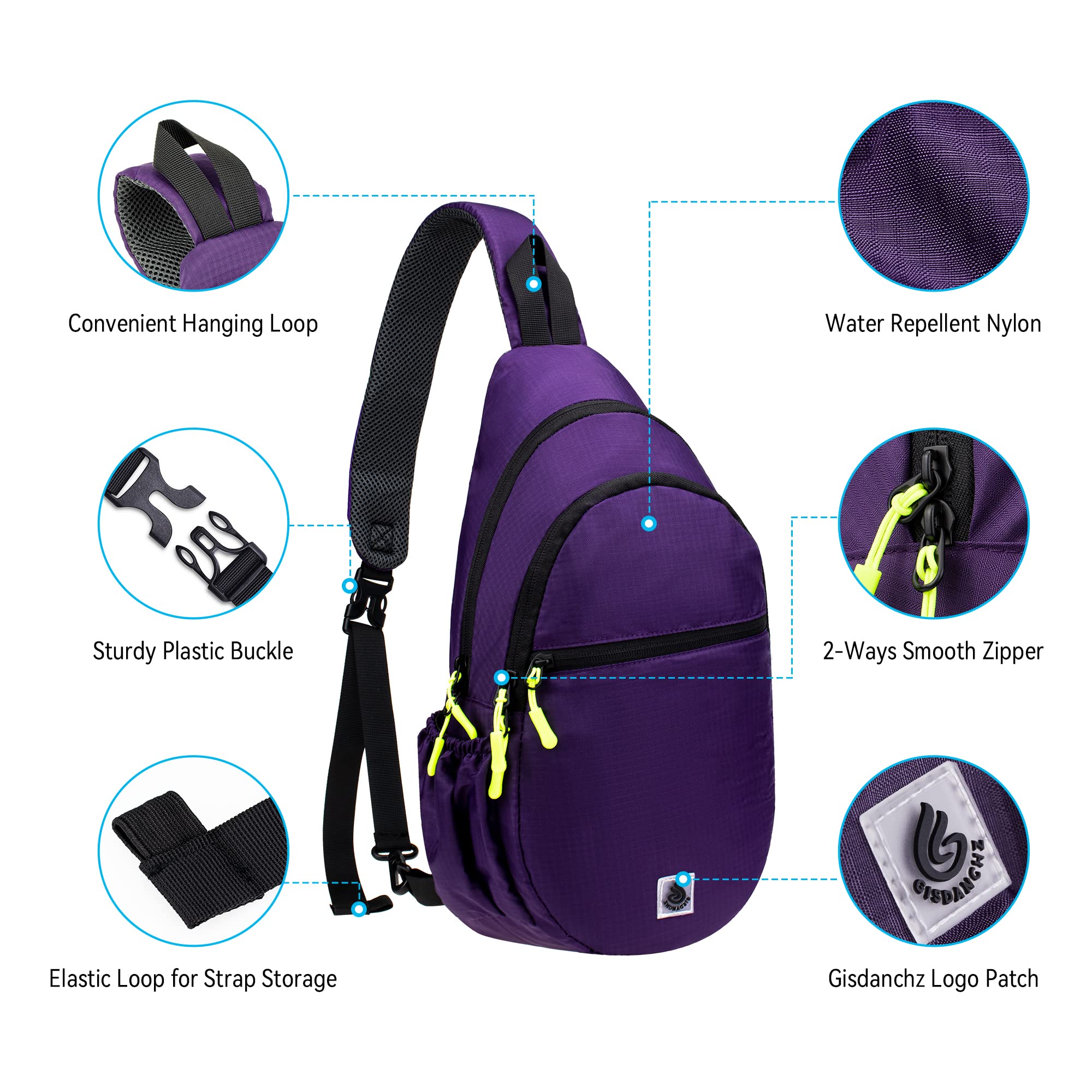 Gisdanchz Sling Backpack Sling Bag for Women Men, Small Backpack Chest Bag Sling Bags for Women Crossbody Bags, Travel Walking Hiking Daypack Cross Body Bag Day Pack Over The Shoulder Bag, Purple