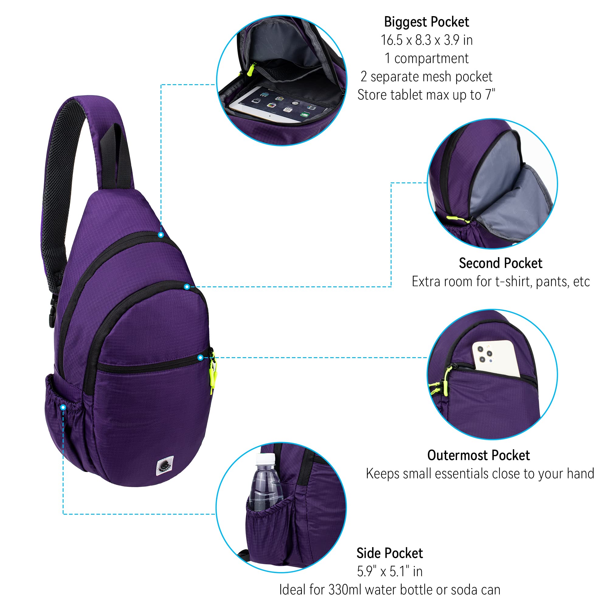 Gisdanchz Sling Backpack Sling Bag for Women Men, Small Backpack Chest Bag Sling Bags for Women Crossbody Bags, Travel Walking Hiking Daypack Cross Body Bag Day Pack Over The Shoulder Bag, Purple