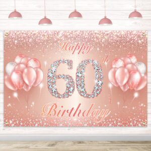 happy 60th birthday banner backdrop - 60 birthday party decorations supplies for women or men - rose gold 4 x 6ft