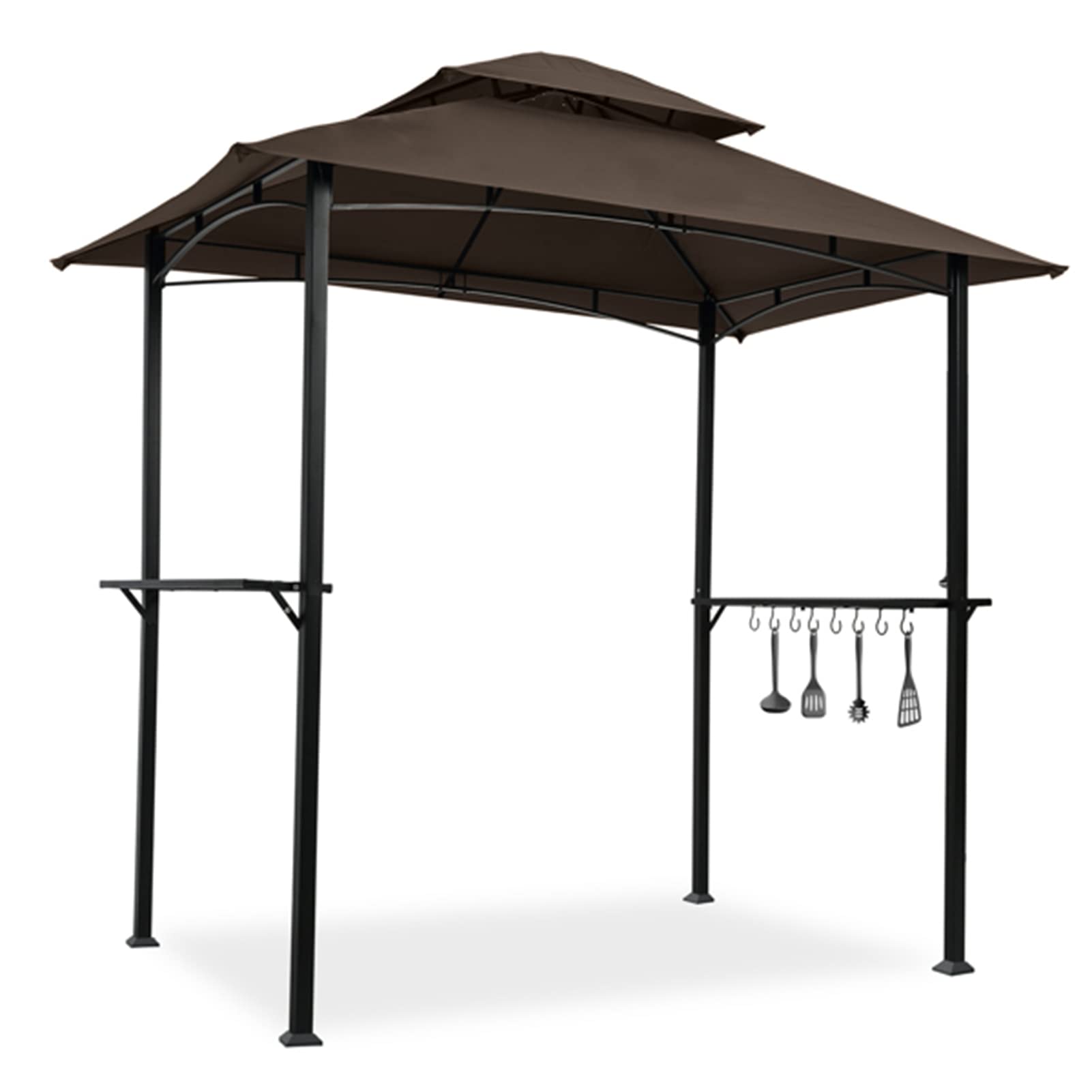 8x5 FT Grill Gazebo Canopy, Outdoor BBQ Grill Gazebo Shelter Tent, 2 Tier Waterproof Top Canopy with Side Metal Shelves for Outdoor, Patio, Backyard, Party, Brown