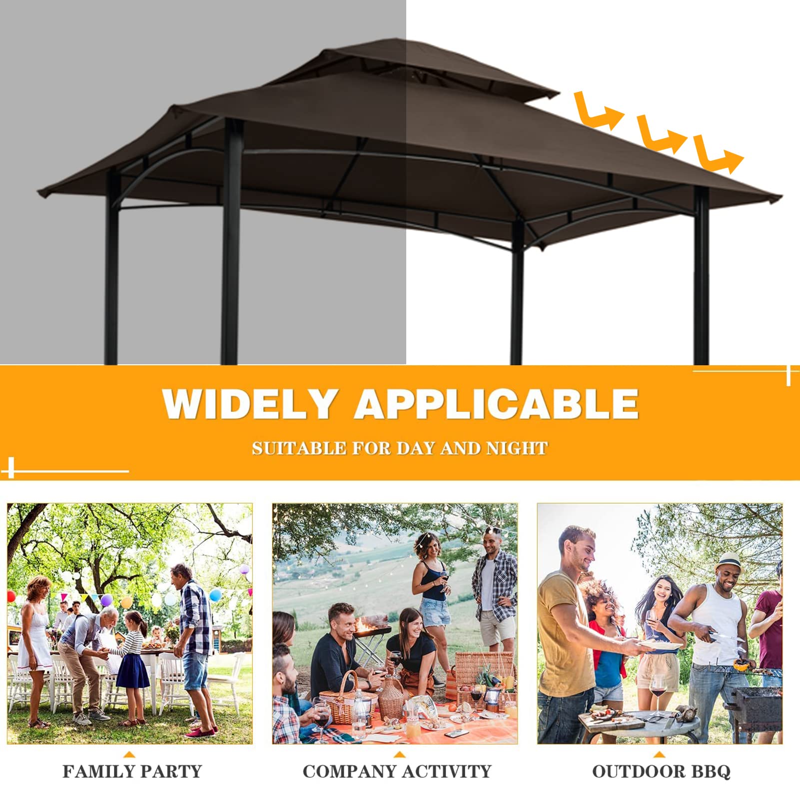 8x5 FT Grill Gazebo Canopy, Outdoor BBQ Grill Gazebo Shelter Tent, 2 Tier Waterproof Top Canopy with Side Metal Shelves for Outdoor, Patio, Backyard, Party, Brown