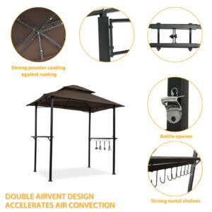 8x5 FT Grill Gazebo Canopy, Outdoor BBQ Grill Gazebo Shelter Tent, 2 Tier Waterproof Top Canopy with Side Metal Shelves for Outdoor, Patio, Backyard, Party, Brown