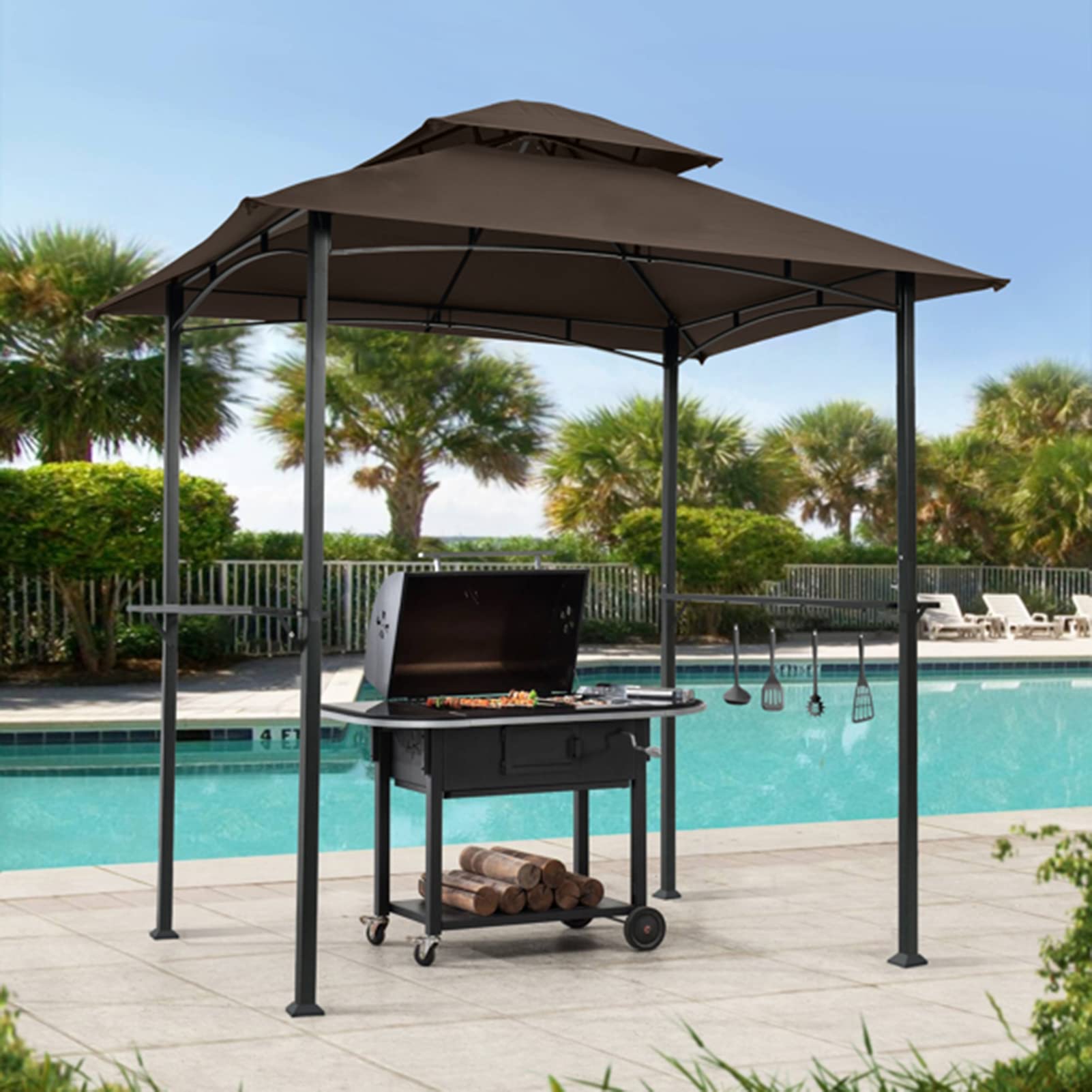 8x5 FT Grill Gazebo Canopy, Outdoor BBQ Grill Gazebo Shelter Tent, 2 Tier Waterproof Top Canopy with Side Metal Shelves for Outdoor, Patio, Backyard, Party, Brown