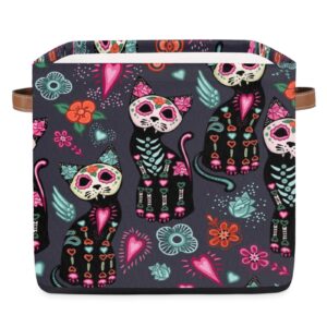 storage cube bin day of the dead cats halloween flowers large storage cube basket 13×13in, collapsible storage bin with handles, fabric storage box for closet shelves nursery toys home organization