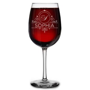 personalized monogram laser engraved stemmed wine glass 16 oz. custom initial name drinking glass gifts for him, her 9 design options