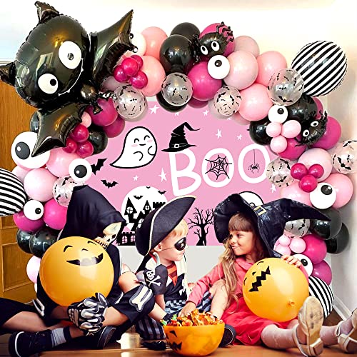 129 Pcs Halloween Balloon Arch Garland Kit with Pink Black Rose Red Balloons Bat Spider Foil Balloons and Boo Themed Backdrop for Girl Birthday Party Halloween Party Decorations