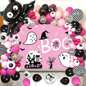 129 pcs halloween balloon arch garland kit with pink black rose red balloons bat spider foil balloons and boo themed backdrop for girl birthday party halloween party decorations
