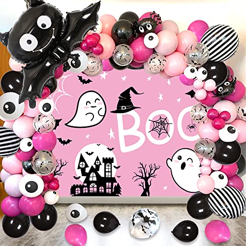 129 Pcs Halloween Balloon Arch Garland Kit with Pink Black Rose Red Balloons Bat Spider Foil Balloons and Boo Themed Backdrop for Girl Birthday Party Halloween Party Decorations