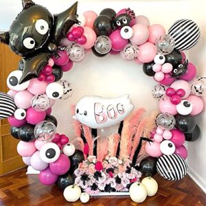 129 Pcs Halloween Balloon Arch Garland Kit with Pink Black Rose Red Balloons Bat Spider Foil Balloons and Boo Themed Backdrop for Girl Birthday Party Halloween Party Decorations