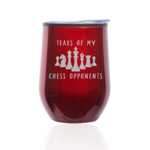 stemless wine tumbler coffee travel mug glass with lid tears of my chess opponents funny (red)