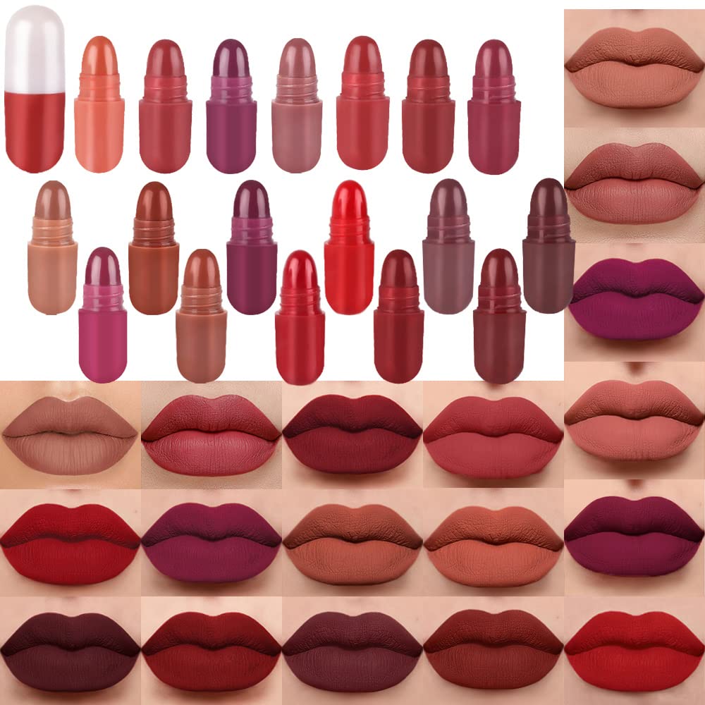 18 Pcs Mini Capsule Makeup Lipstick Pills Set, Matte Stain Set, Lápiz Labial Rojo Women Nude Brown Dark Red Matte Matt Lipsticks Cute Lip Stick Purse Set Labiales Matte Larga Duracion 24 Hrs