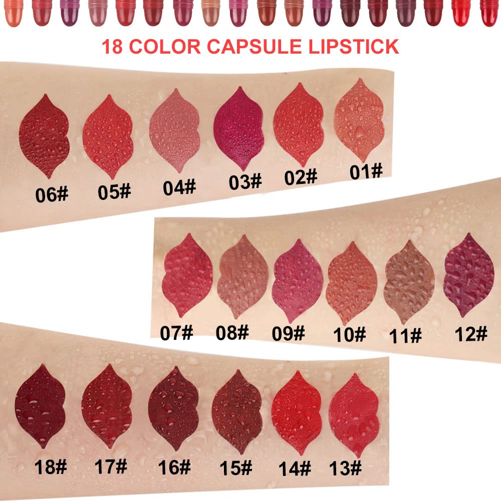 18 Pcs Mini Capsule Makeup Lipstick Pills Set, Matte Stain Set, Lápiz Labial Rojo Women Nude Brown Dark Red Matte Matt Lipsticks Cute Lip Stick Purse Set Labiales Matte Larga Duracion 24 Hrs