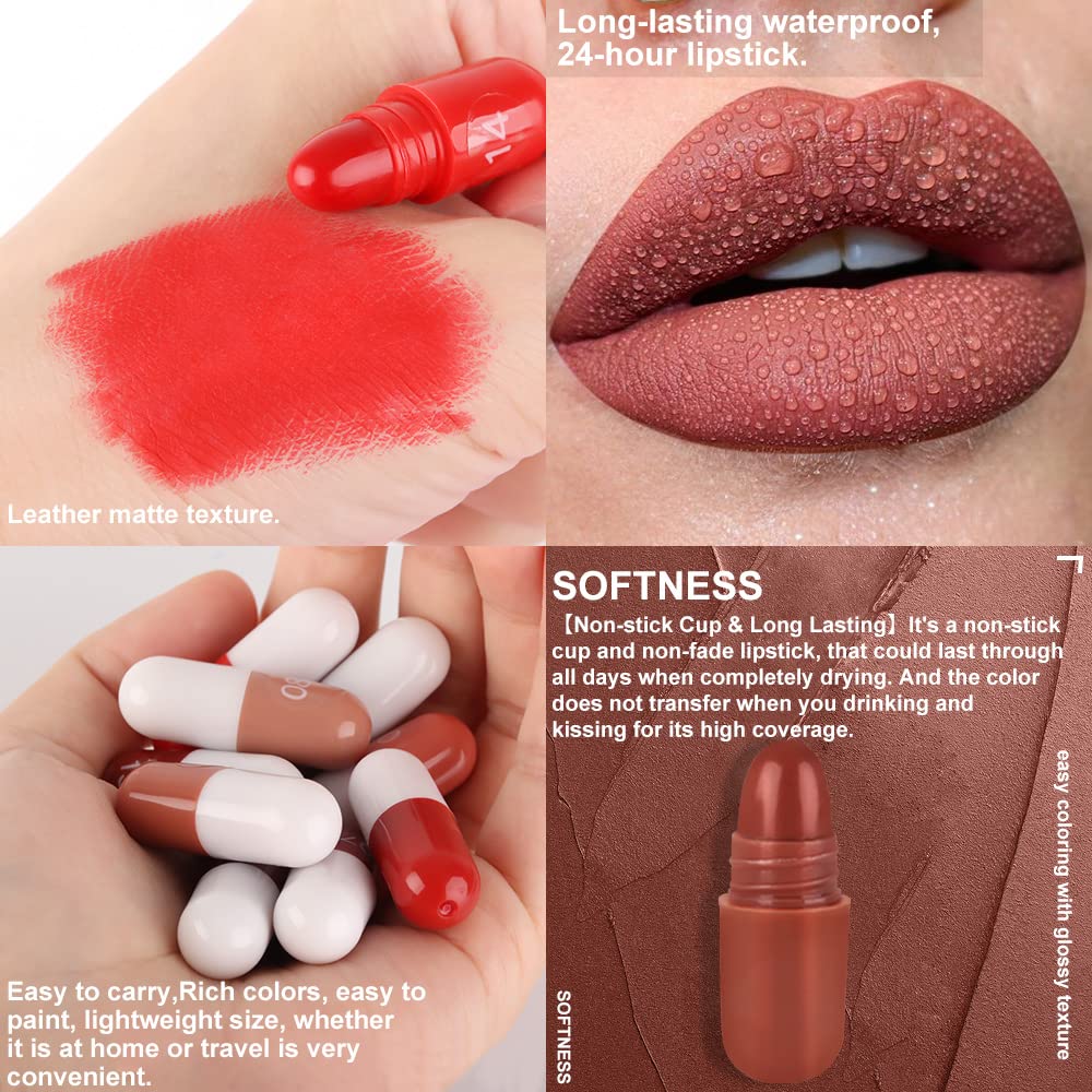 18 Pcs Mini Capsule Makeup Lipstick Pills Set, Matte Stain Set, Lápiz Labial Rojo Women Nude Brown Dark Red Matte Matt Lipsticks Cute Lip Stick Purse Set Labiales Matte Larga Duracion 24 Hrs