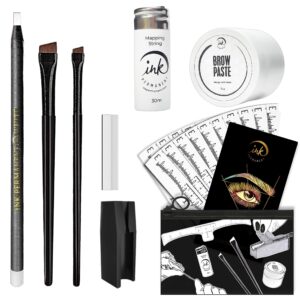 eyebrow mapping kit with 30m white mapping string, 15g white brow paste + 2 eyebrow brush set, white eyebrow mapping pencil, pencil shaper and blades, 20 mapping ruler stencils and instructions