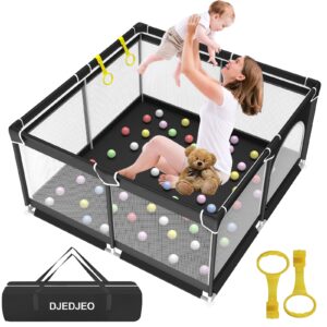 djedjeo baby playpen for toddlers, playard for baby, baby gate playpen, indoor & outdoor kids activity center, sturdy safety play yard with hand rings(black,50”×50”)