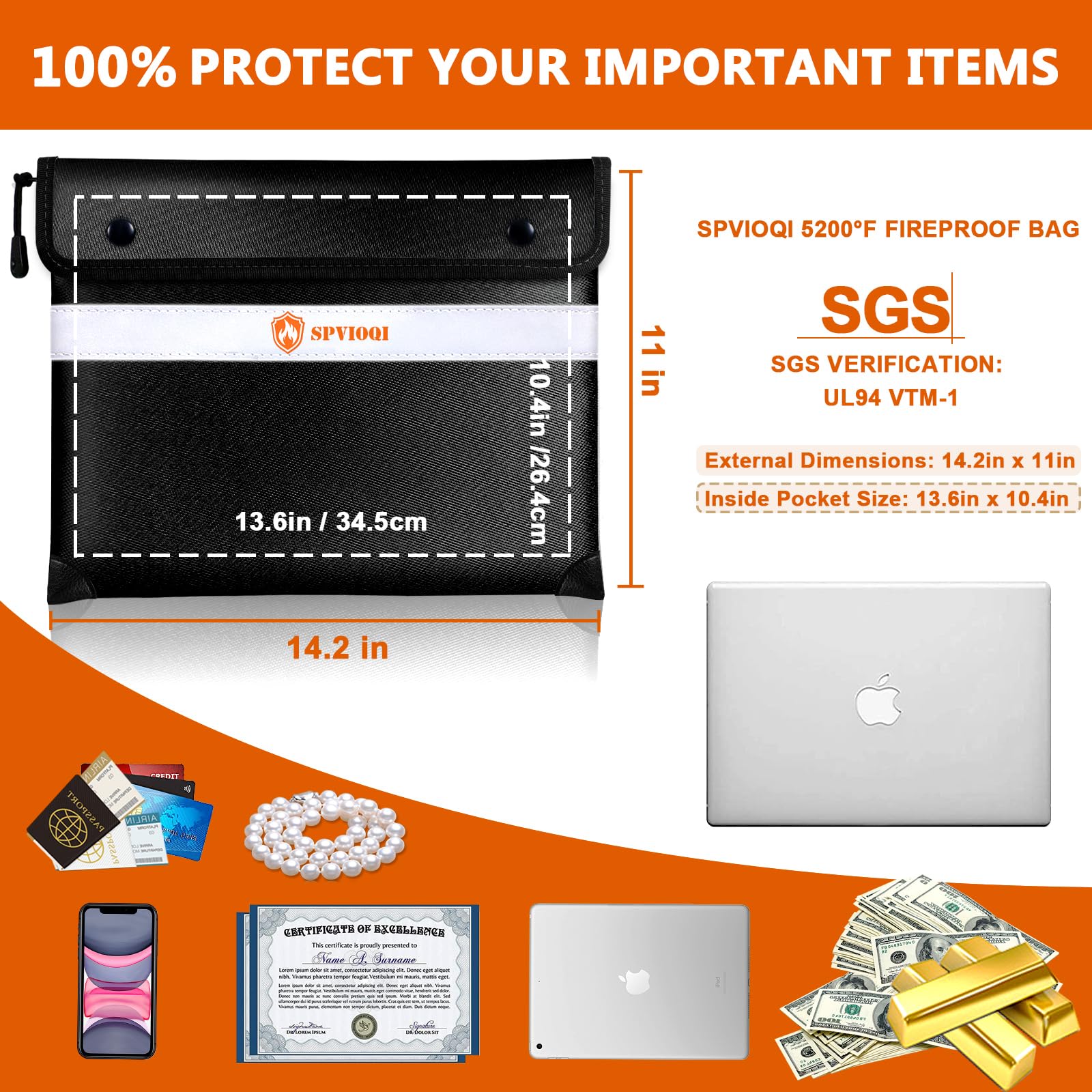 SPVIOQI Fireproof Document Bag 5200°F with Heat Insulated, Fireproof Money Bag for Cash with Zipper and Reflective Strip, 14.2” X 11” Fireproof Safe Storage Pouch for Valuables