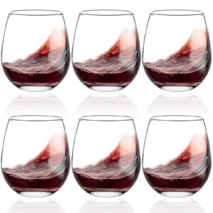 eventpartener stemless wine glasses, 15 oz crystal wine glasses set of 6 wtih 2 wine bottle stoppers, drinking glasses, smooth rim wine elegant glass tumbler for red and white wine, cocktail, juice