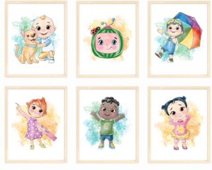 nistio® cocomelon kids room, nursery wall art prints, watercolor nursery posters, newborn gift, baby room decor, unframed, set of 6 prints, 8x10