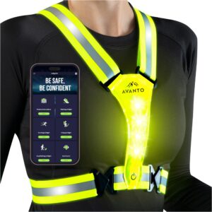 avanto led reflective vest, original, usb-c, high visibility safety vest, reflective gear with free safety courses, running lights for runners, dog walking, biking, motorcycle, driver