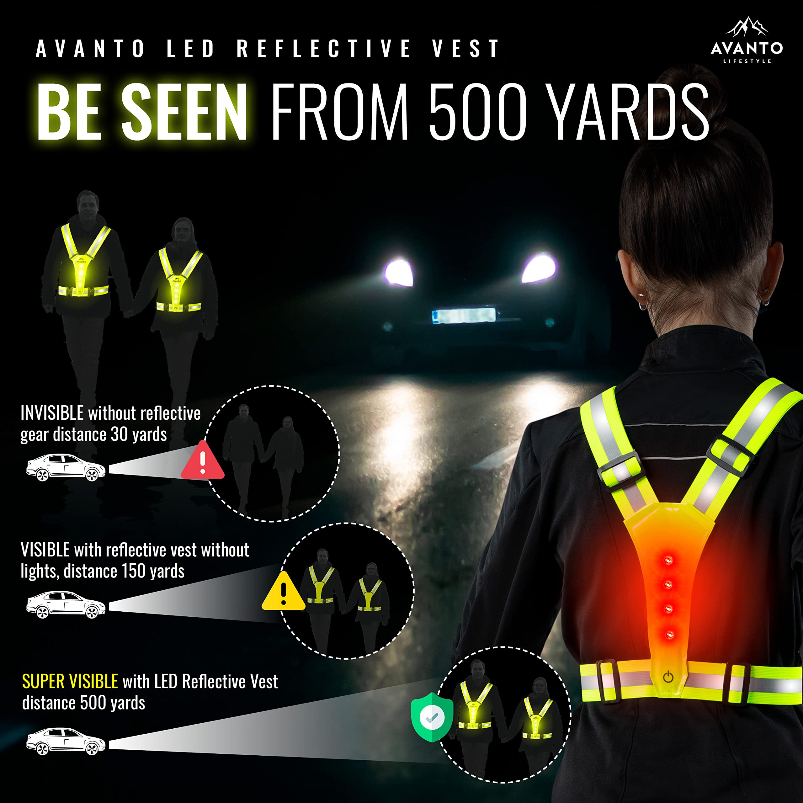 AVANTO LED Reflective Vest, Original, USB-C, High Visibility Safety Vest, Reflective Gear with Free Safety Courses, Running Lights for Runners, Dog Walking, Biking, Motorcycle, Driver